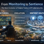 Illustration showing the evolution of digital twins in OT cybersecurity, moving from monitoring dashboards to a sentient digital twin that understands, predicts, and acts across industrial and smart city infrastructure.